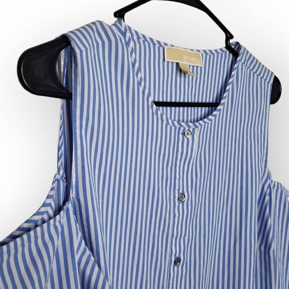 MICHAEL Michael Kors Vertical Stripe Cold Shoulder Button Down Blouse size Large - Picture 3 of 6